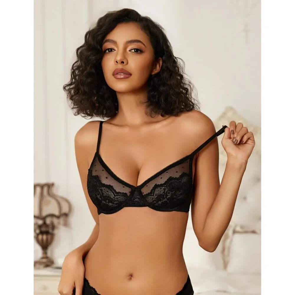 Women's Black Lace Balconette Underwire Unlined Sheer Lingerie Bra